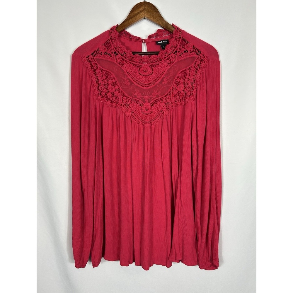 Torrid Shirt (1) Women's Pink Lace Crinkle Victorian Country Cottagecore Peasant